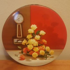 Vintage Mid Century Still Life Clock Carnations Tin